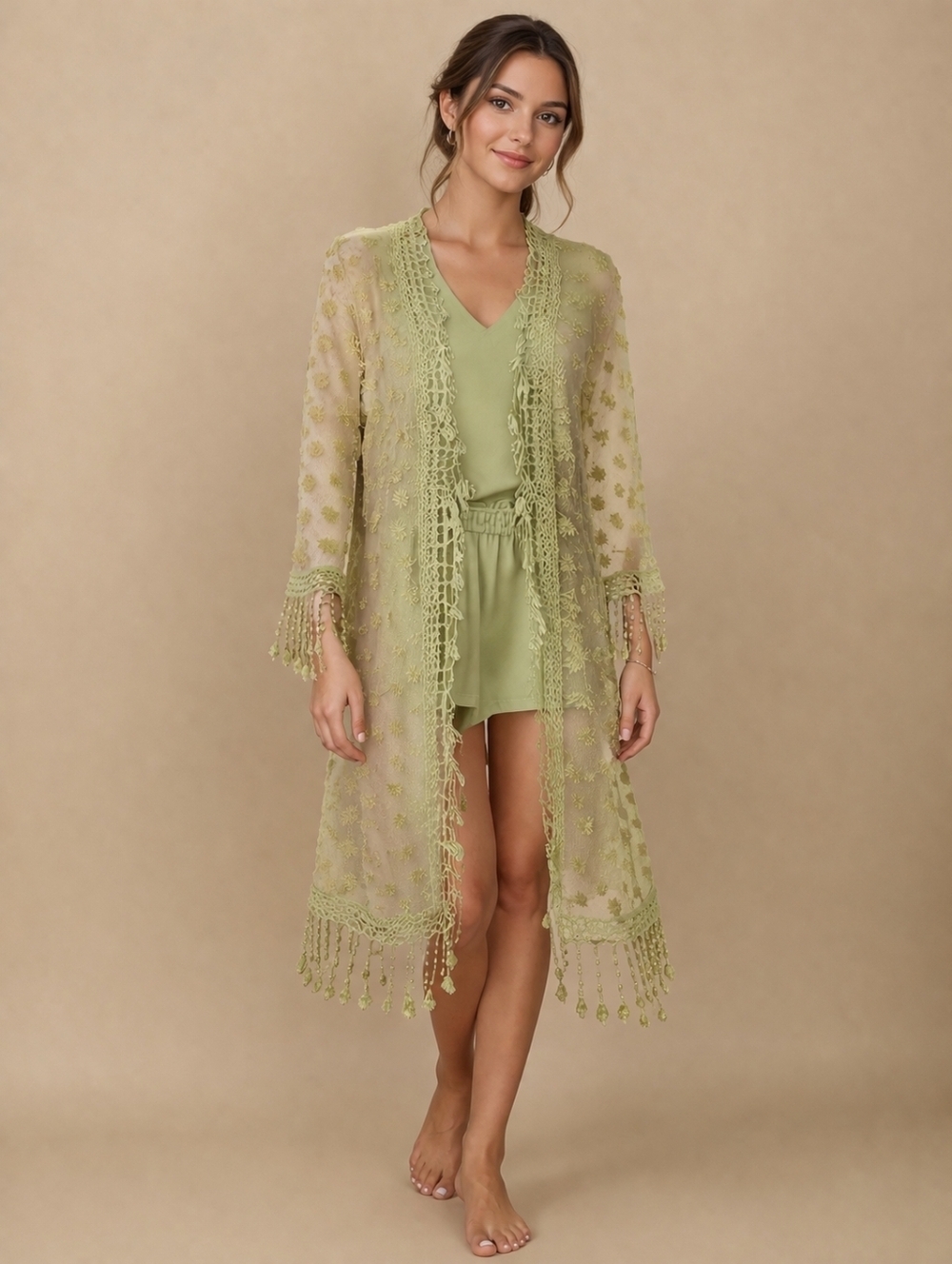 LA BELLUM by Hillary Scott Celery Green Two Piece Peplum Top and Lace Kimono